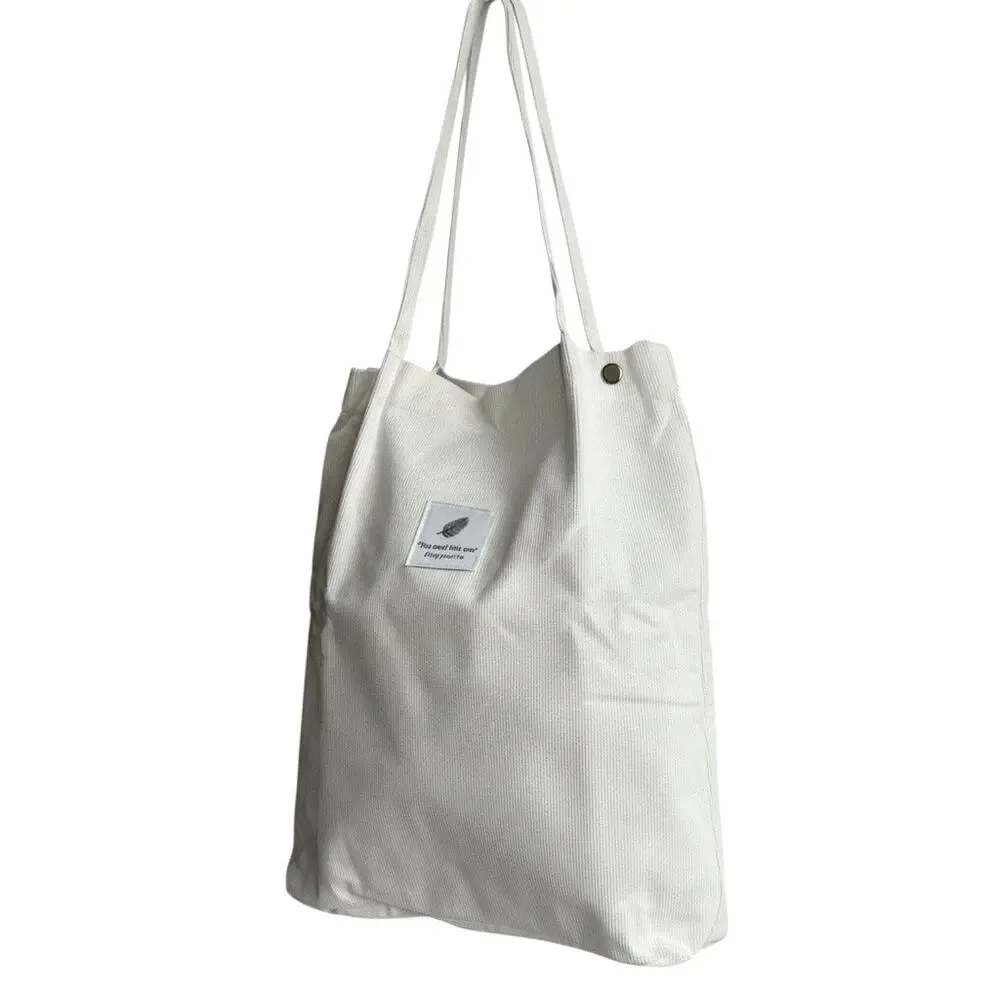 White Corduroy Tote Bag Minimal Canvas Shoulder Bag Snap Closure NEW